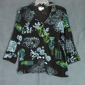 Vtg COLDWATER CREEK Top Women Small Black Floral Hipster Granny Blouse Retro 90s